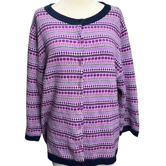 Talbots Cardigan Sweater Womens XL Purple Blue Fair Isle Striped Lambswool Cozy - Picture 1 of 14